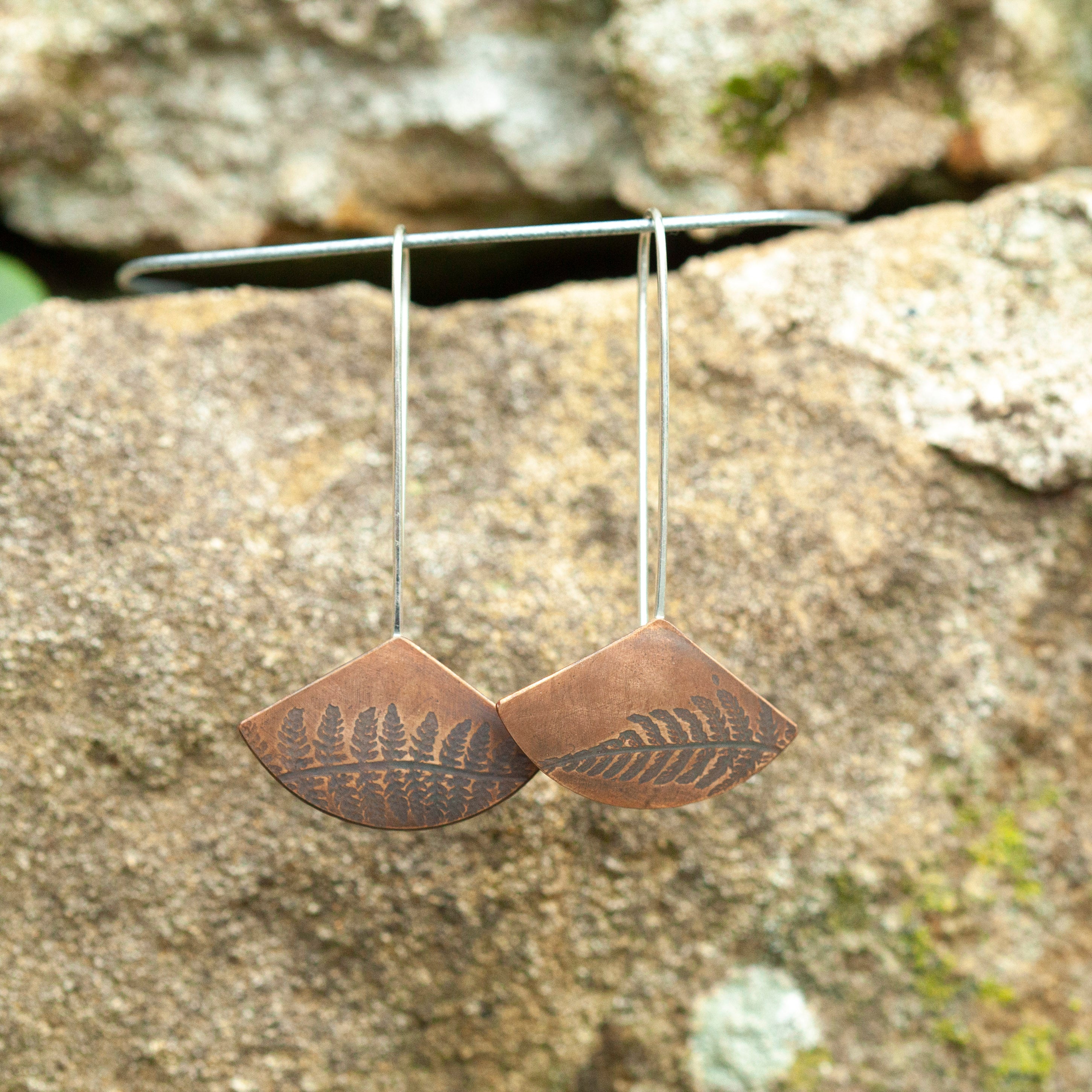 OOAK dangle earrings with plant imprint #1 • copper (ready-to-ship)