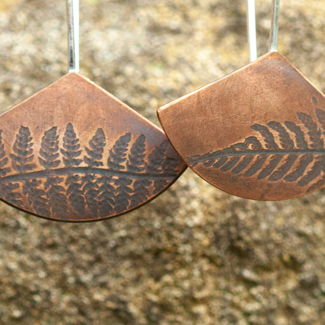 OOAK dangle earrings with plant imprint #1 • copper (ready-to-ship)
