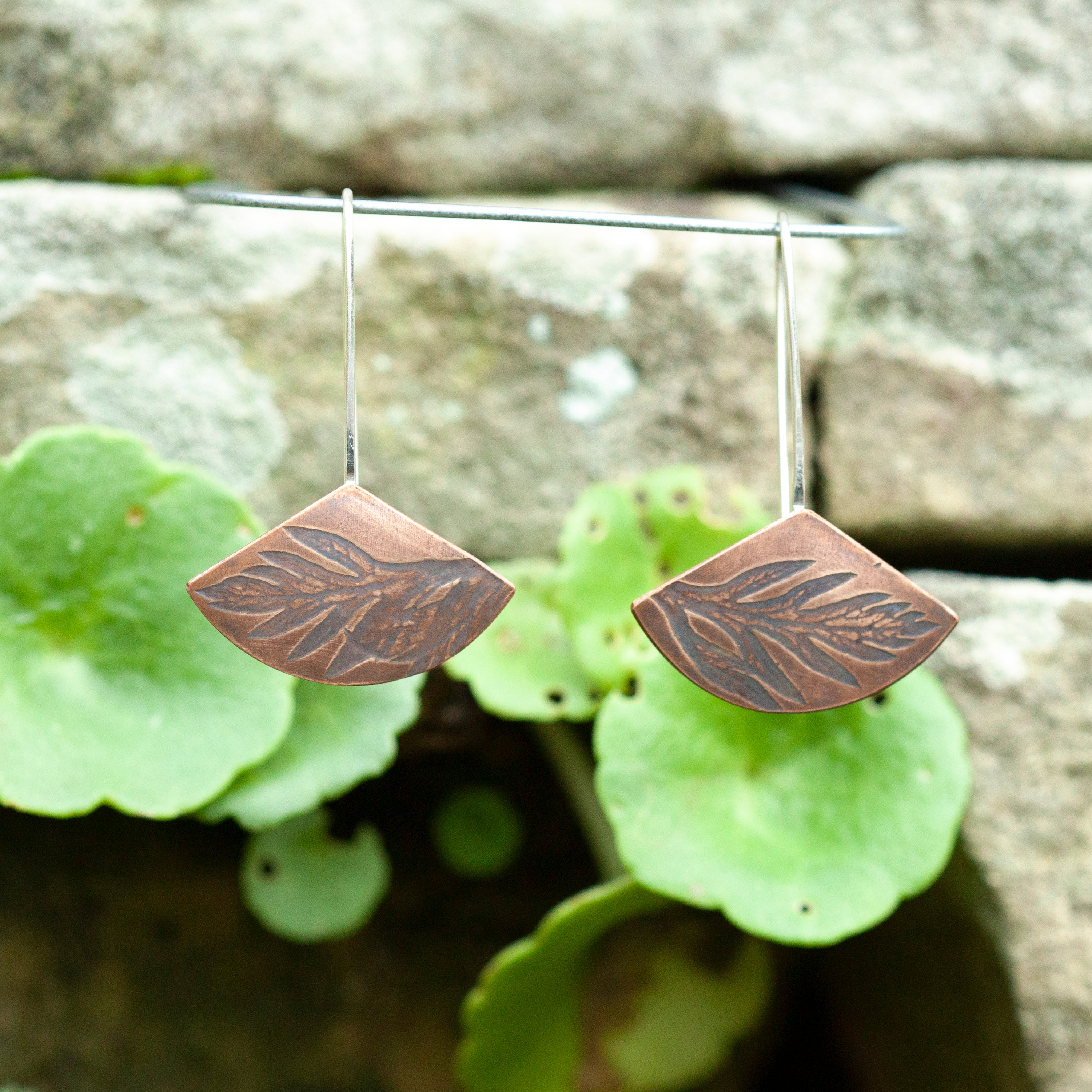 OOAK dangle earrings with plant imprint #2 • copper (ready-to-ship)