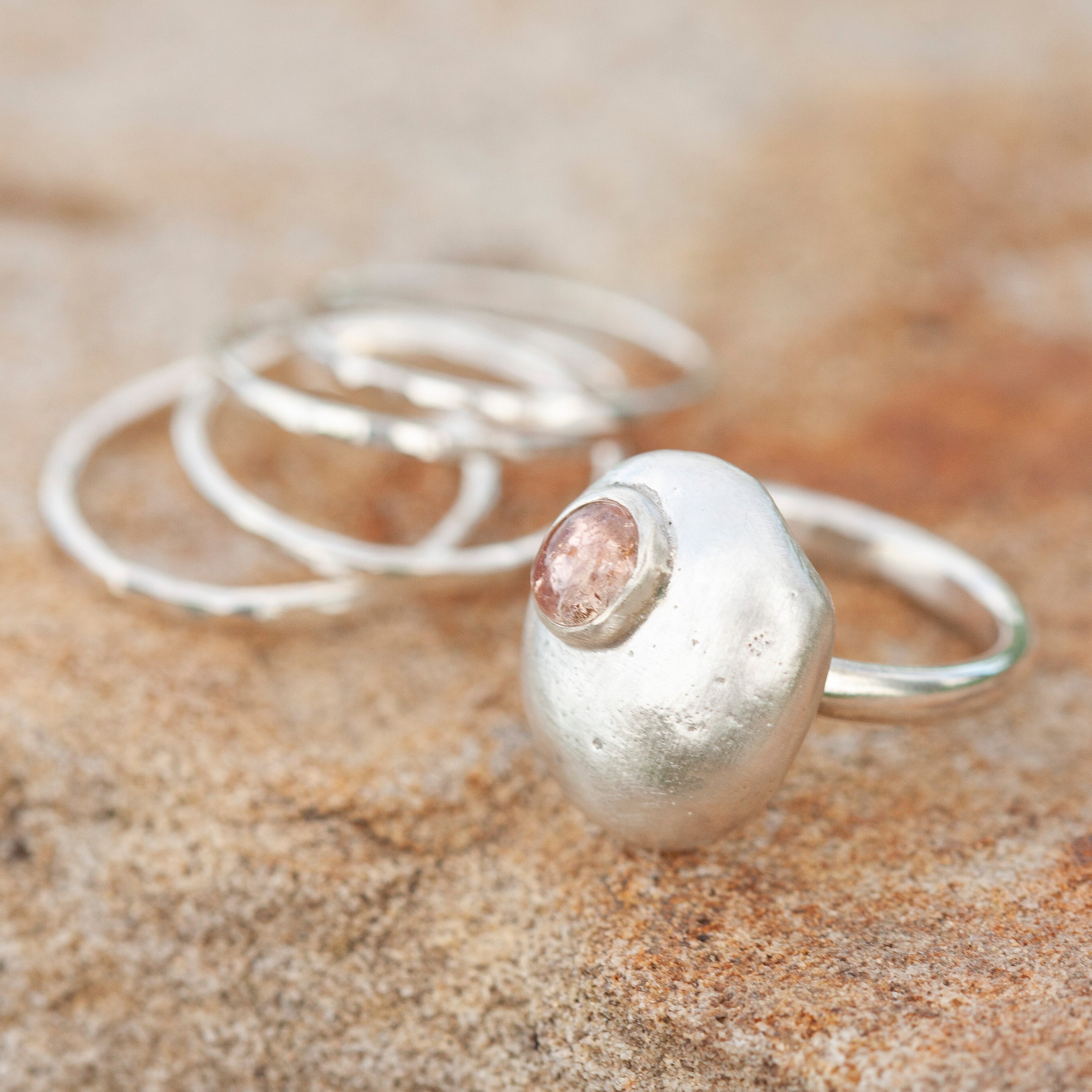 OOAK • Silver Pebble ring set #2, pink tourmaline, size 57,5 (ready to ship)