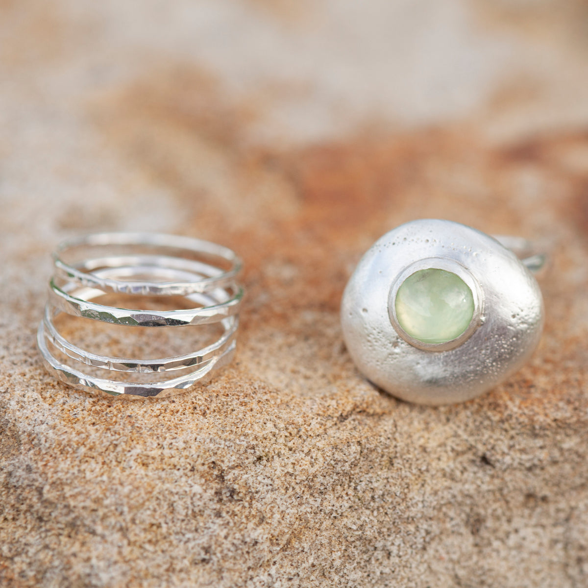 Pièce unique • Ensemble de bagues Silver Pebble #3, préhnite, taille 55 (prêt à expédier)