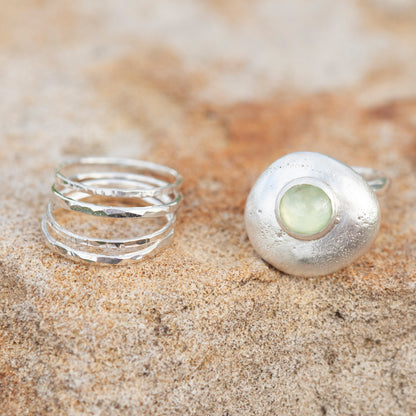 Pièce unique • Ensemble de bagues Silver Pebble #3, préhnite, taille 55 (prêt à expédier)