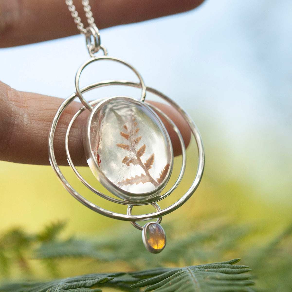 OOAK pendant with captured plant #8 • lodolite & opal (ready to ship)