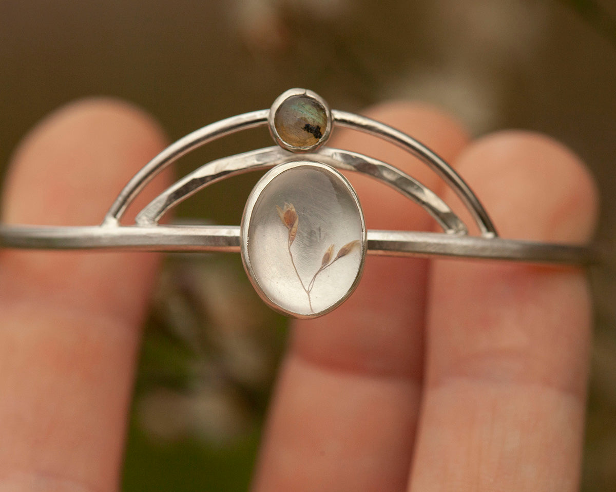 OOAK bracelet with captured plant #2 • quartz & labradorite (ready to ship)