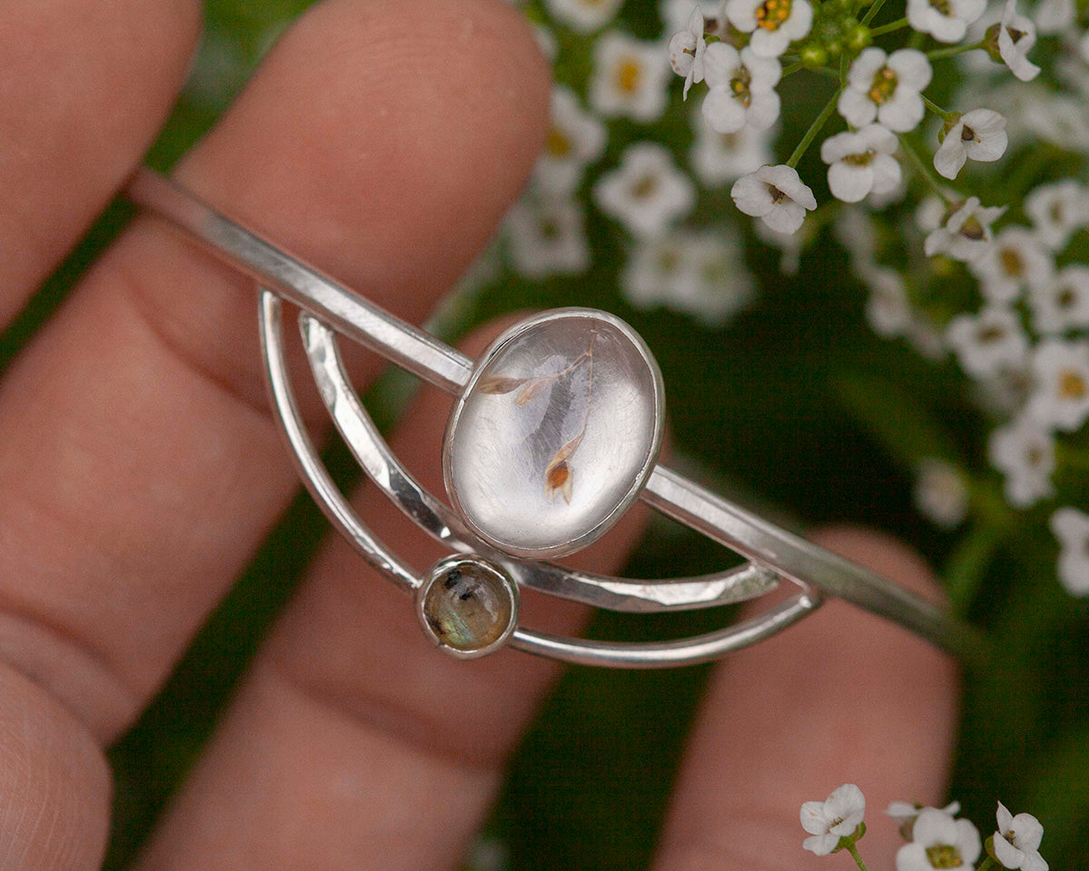 OOAK bracelet with captured plant #2 • quartz & labradorite (ready to ship)