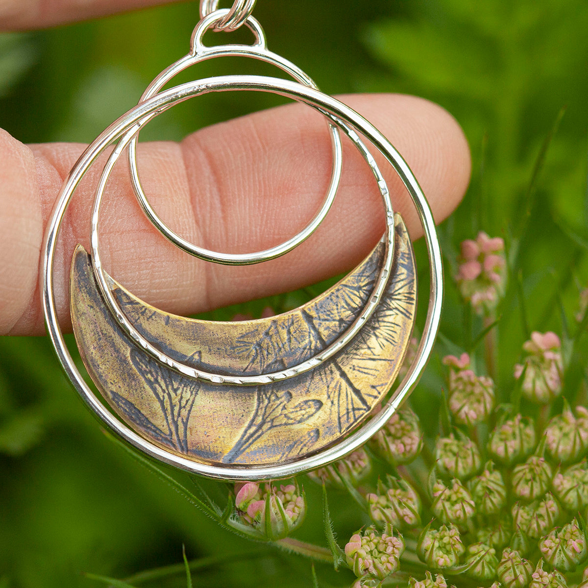 OOAK • Vegetal Moon pendant #23 • silver & brass (ready-to-ship)