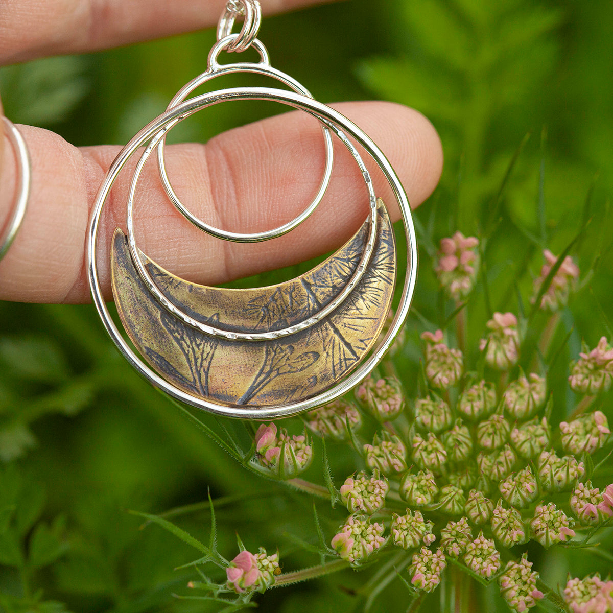 OOAK • Vegetal Moon pendant #23 • silver & brass (ready-to-ship)