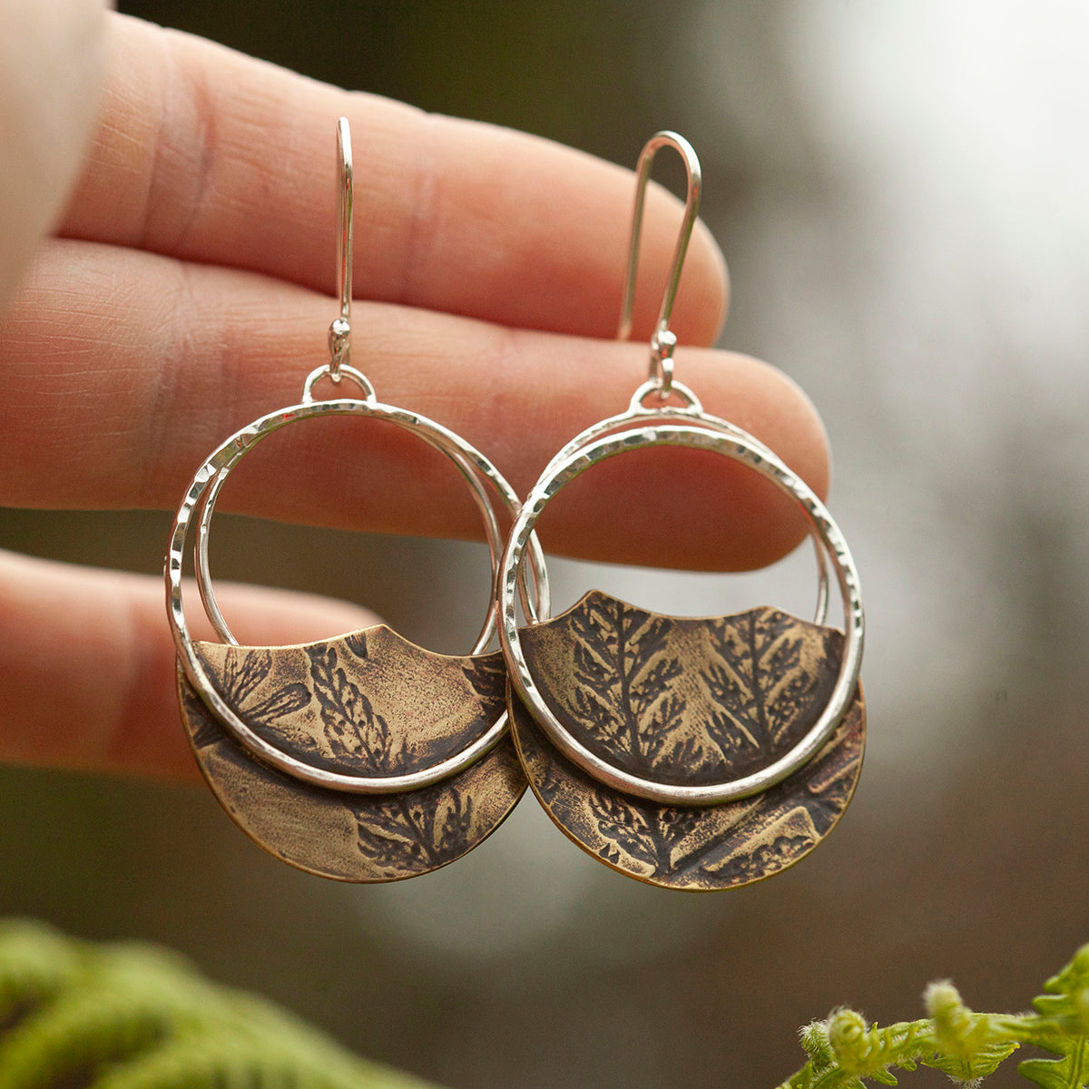 OOAK • Vegetal Moon earrings #18 • silver & brass (ready-to-ship)