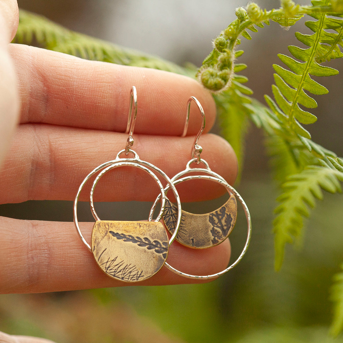 OOAK • Vegetal Moon earrings #19 • silver & brass (ready-to-ship)