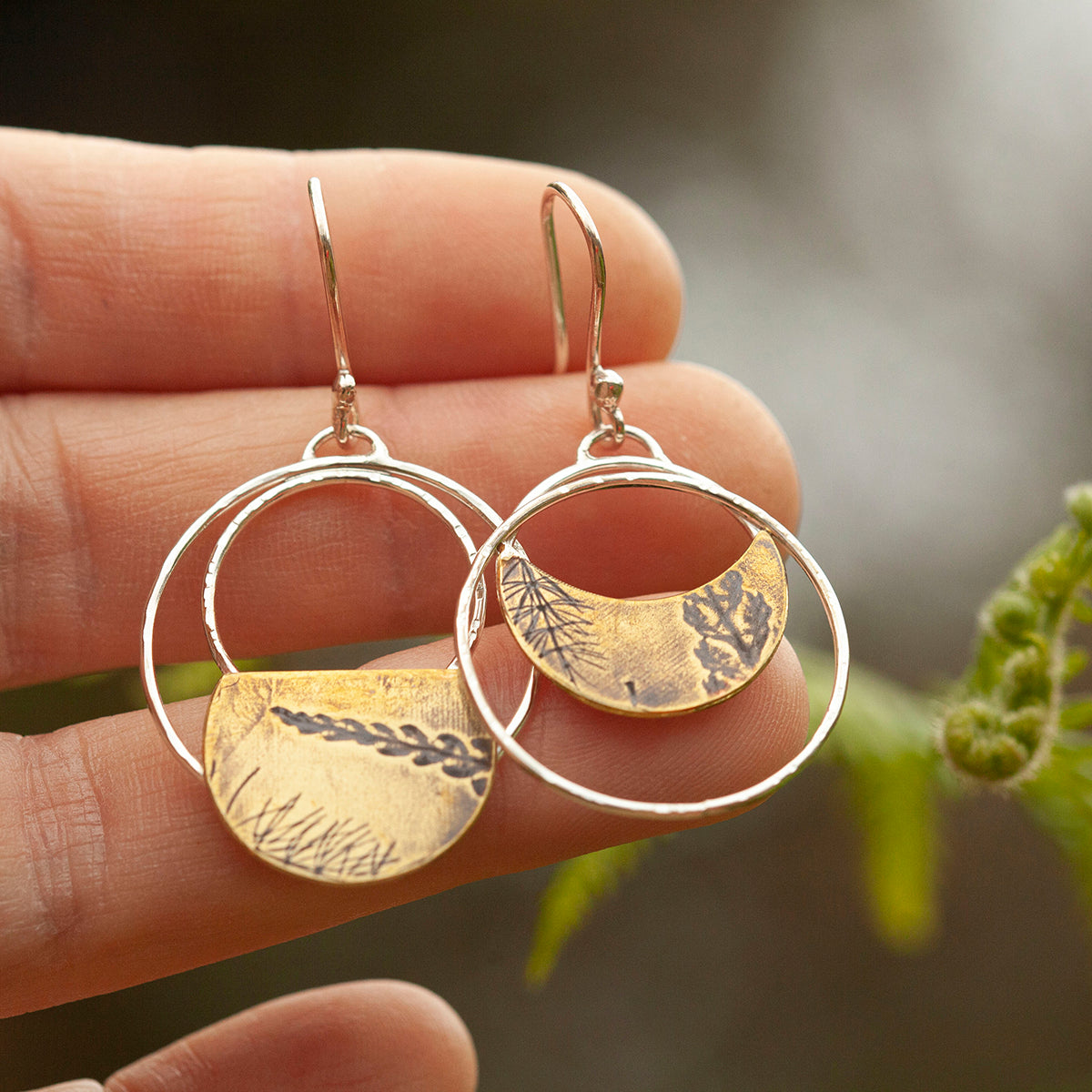 OOAK • Vegetal Moon earrings #19 • silver & brass (ready-to-ship)