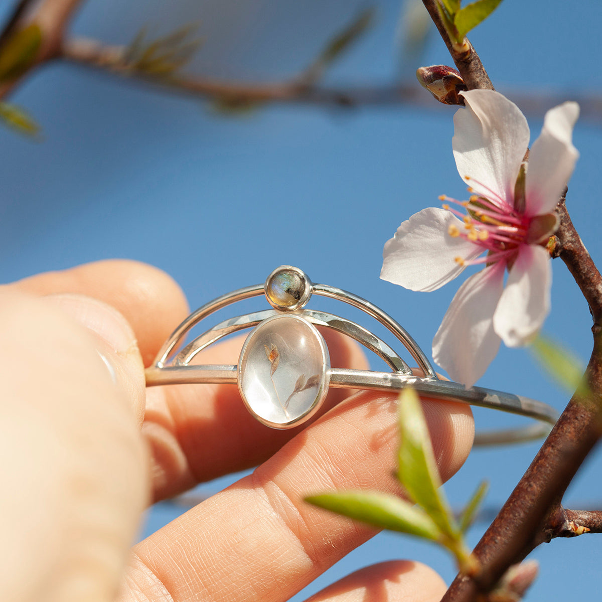 OOAK bracelet with captured plant #2 • quartz & labradorite (ready to ship)