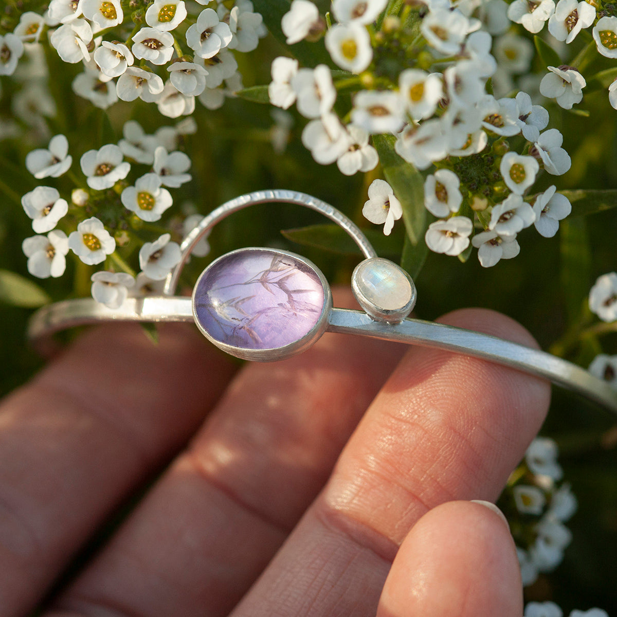 OOAK bracelet with captured plant #5 • amethyst & white labradorite (ready to ship)