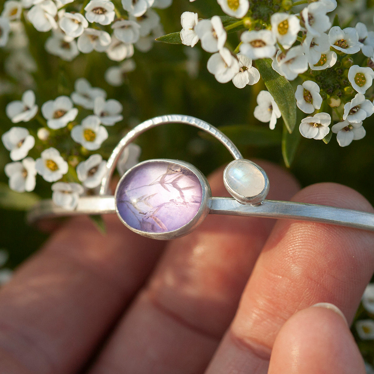 OOAK bracelet with captured plant #5 • amethyst & white labradorite (ready to ship)