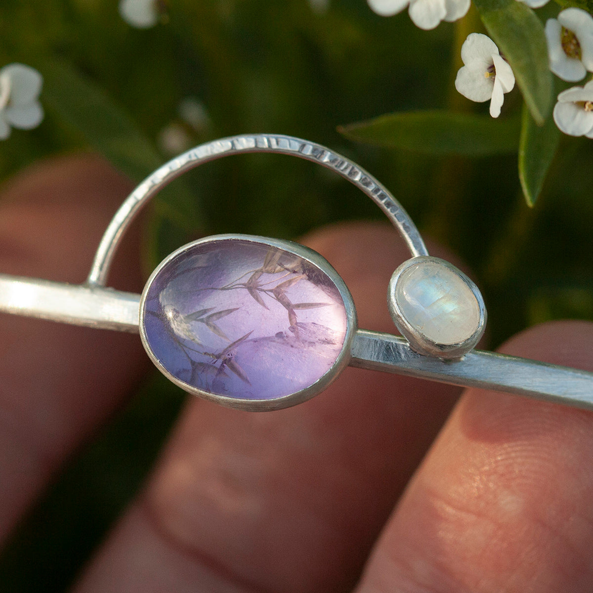 OOAK bracelet with captured plant #5 • amethyst & white labradorite (ready to ship)