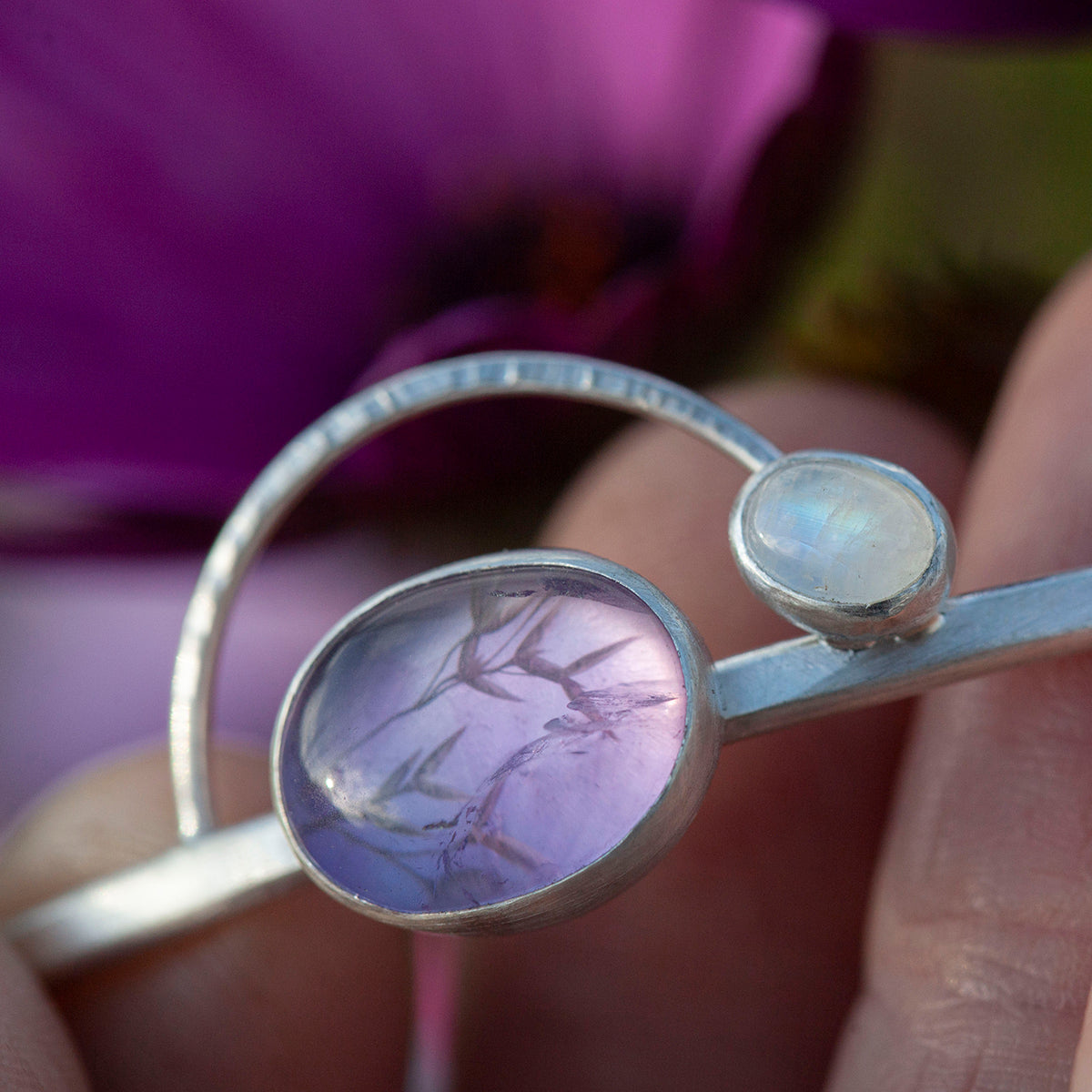 OOAK bracelet with captured plant #5 • amethyst & white labradorite (ready to ship)