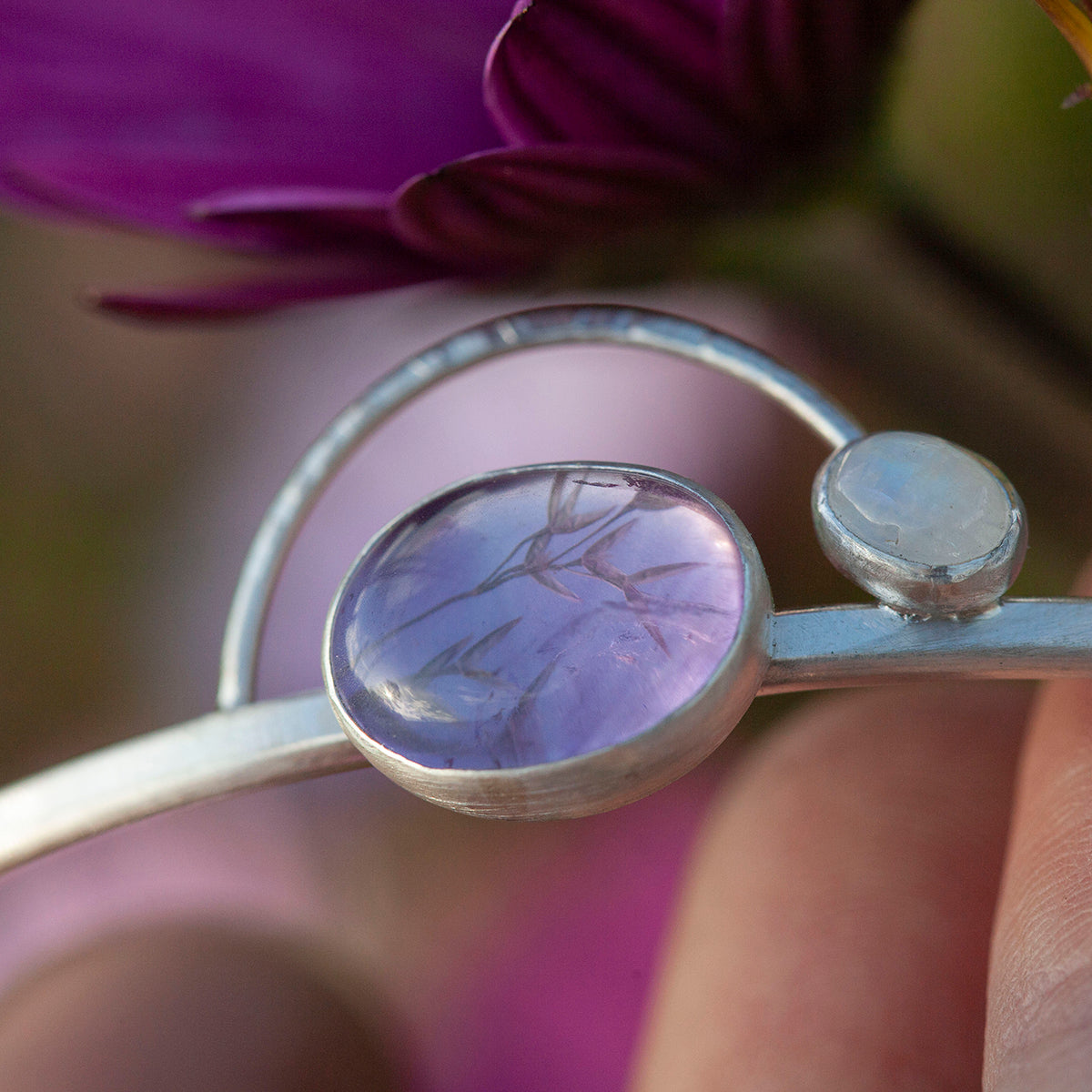 OOAK bracelet with captured plant #5 • amethyst & white labradorite (ready to ship)