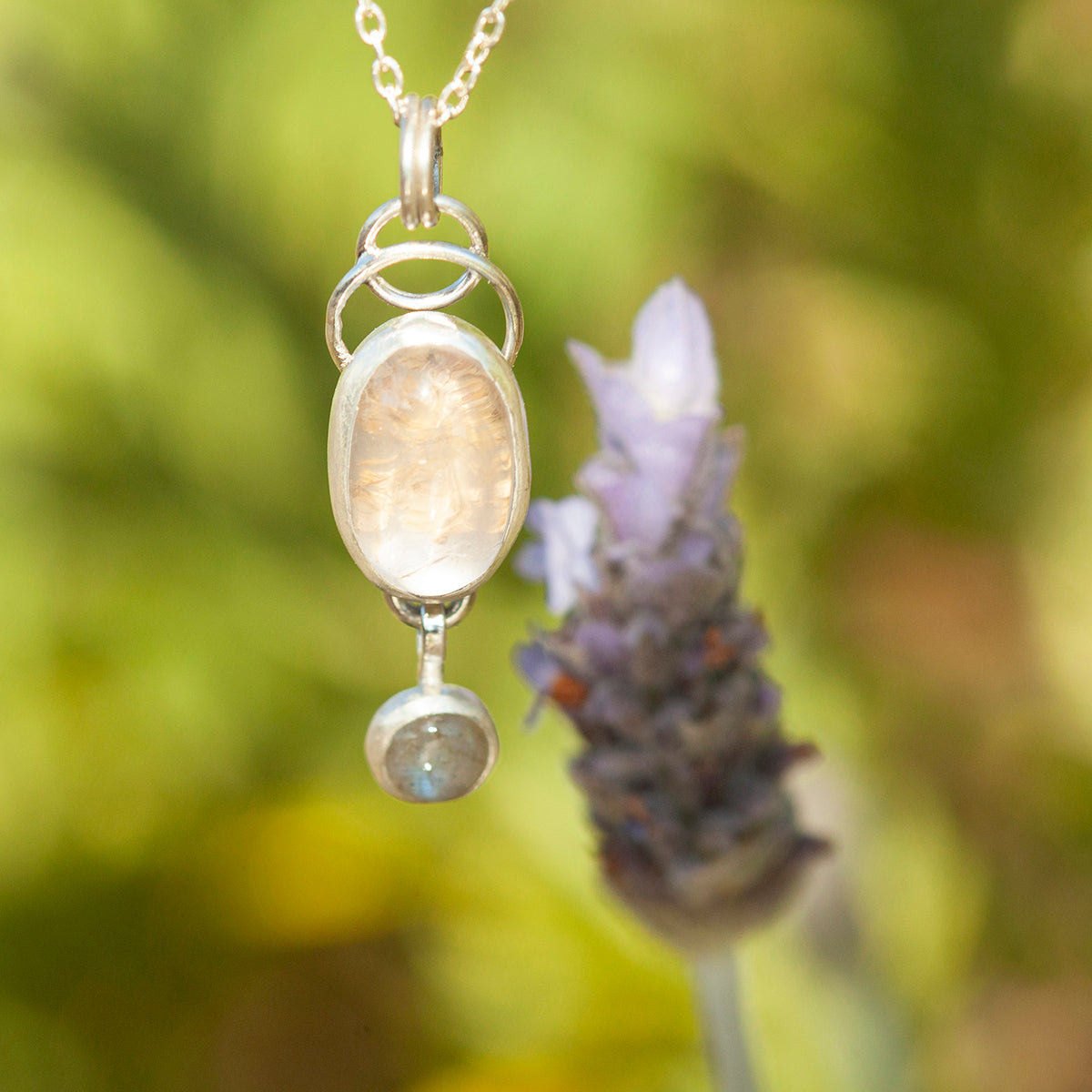 OOAK Osmose pendant #37 ~ with captured plant • Rose Quartz & Labradorite (ready to ship)