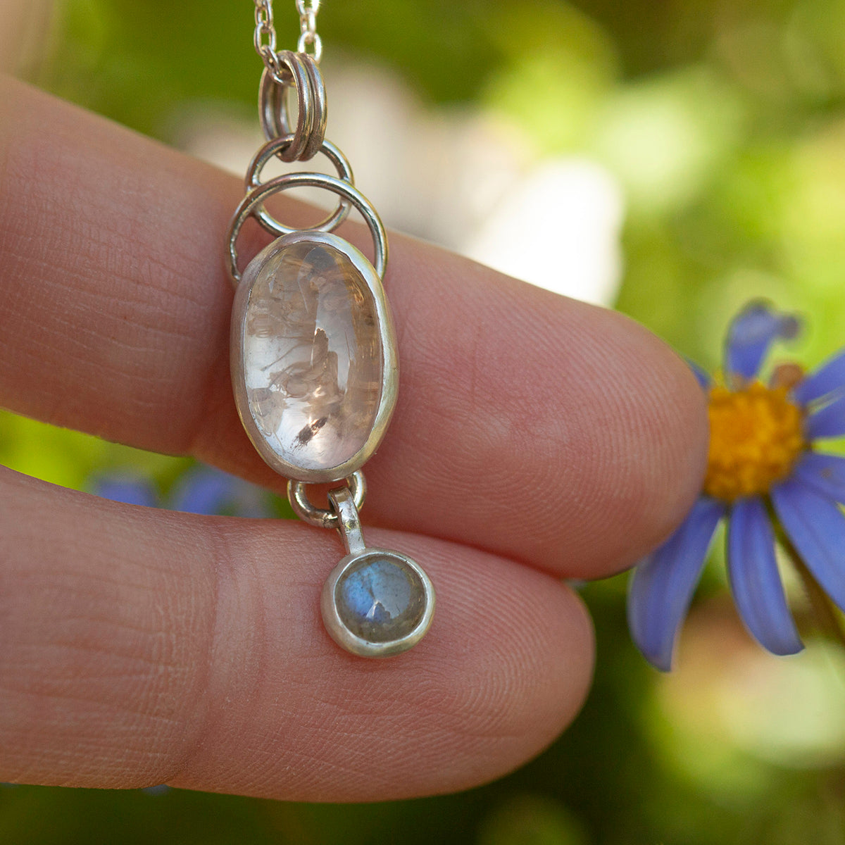 OOAK Osmose pendant #37 ~ with captured plant • Rose Quartz & Labradorite (ready to ship)
