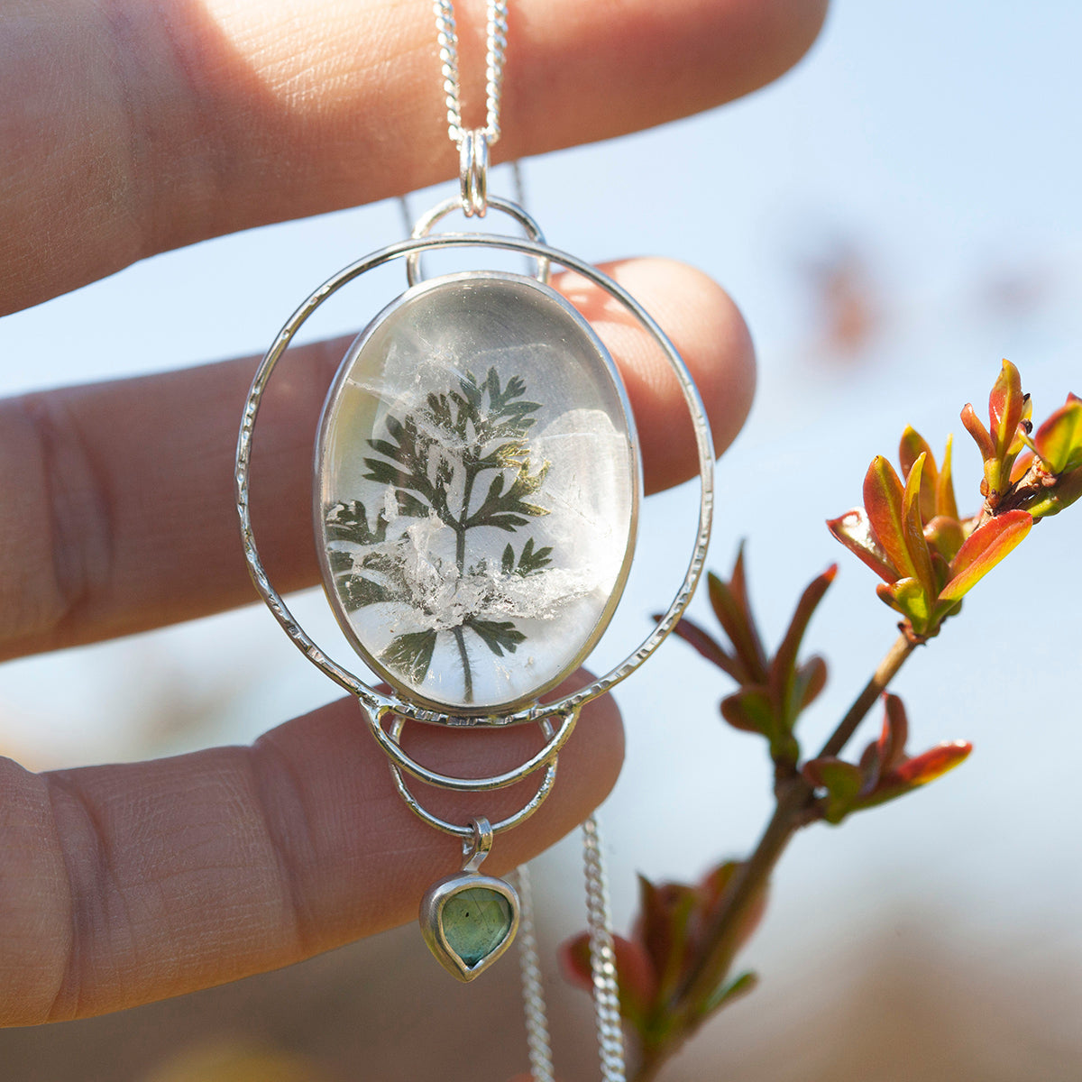 OOAK pendant with captured plant #16 • clear quartz & kyanite (ready to ship)