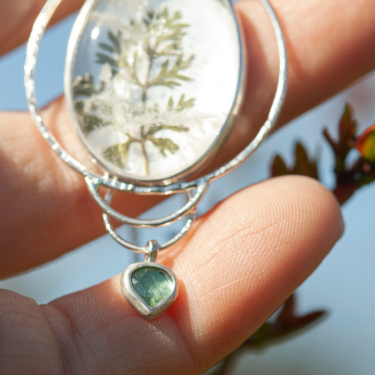 OOAK pendant with captured plant #16 • clear quartz & kyanite (ready to ship)