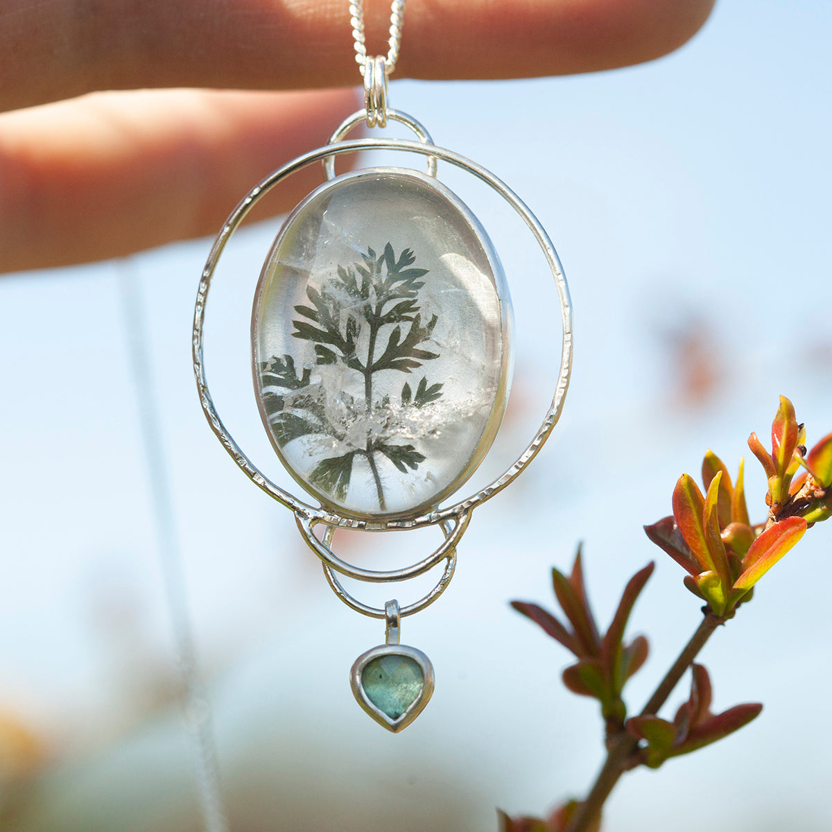 OOAK pendant with captured plant #16 • clear quartz & kyanite (ready to ship)
