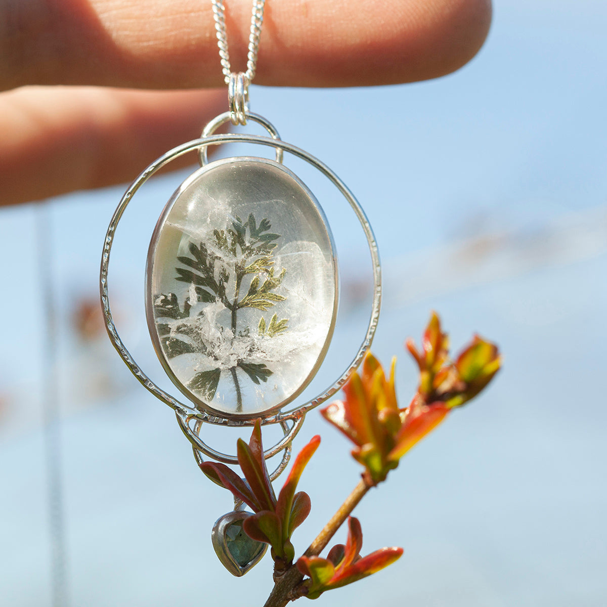 OOAK pendant with captured plant #16 • clear quartz & kyanite (ready to ship)