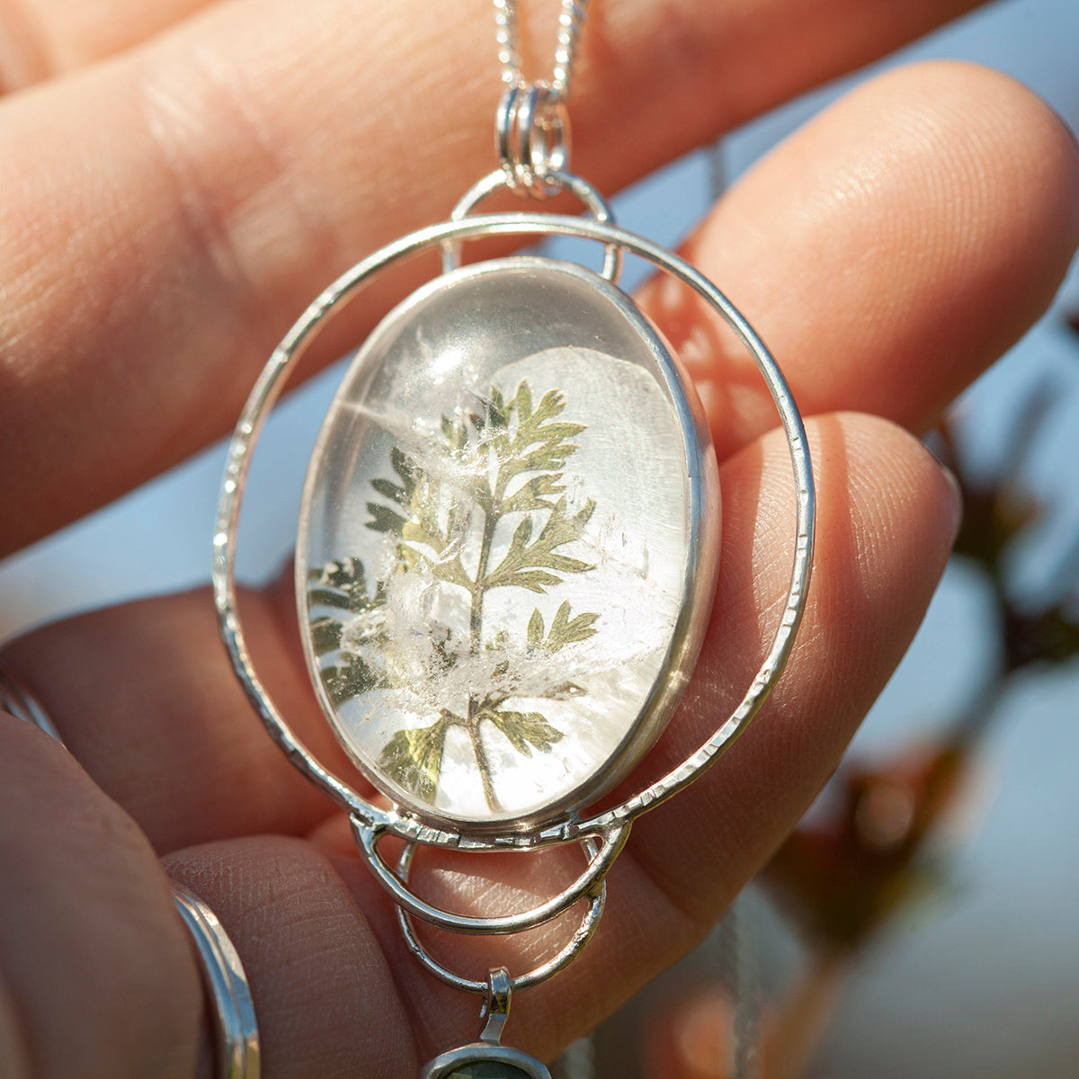 OOAK pendant with captured plant #16 • clear quartz & kyanite (ready to ship)