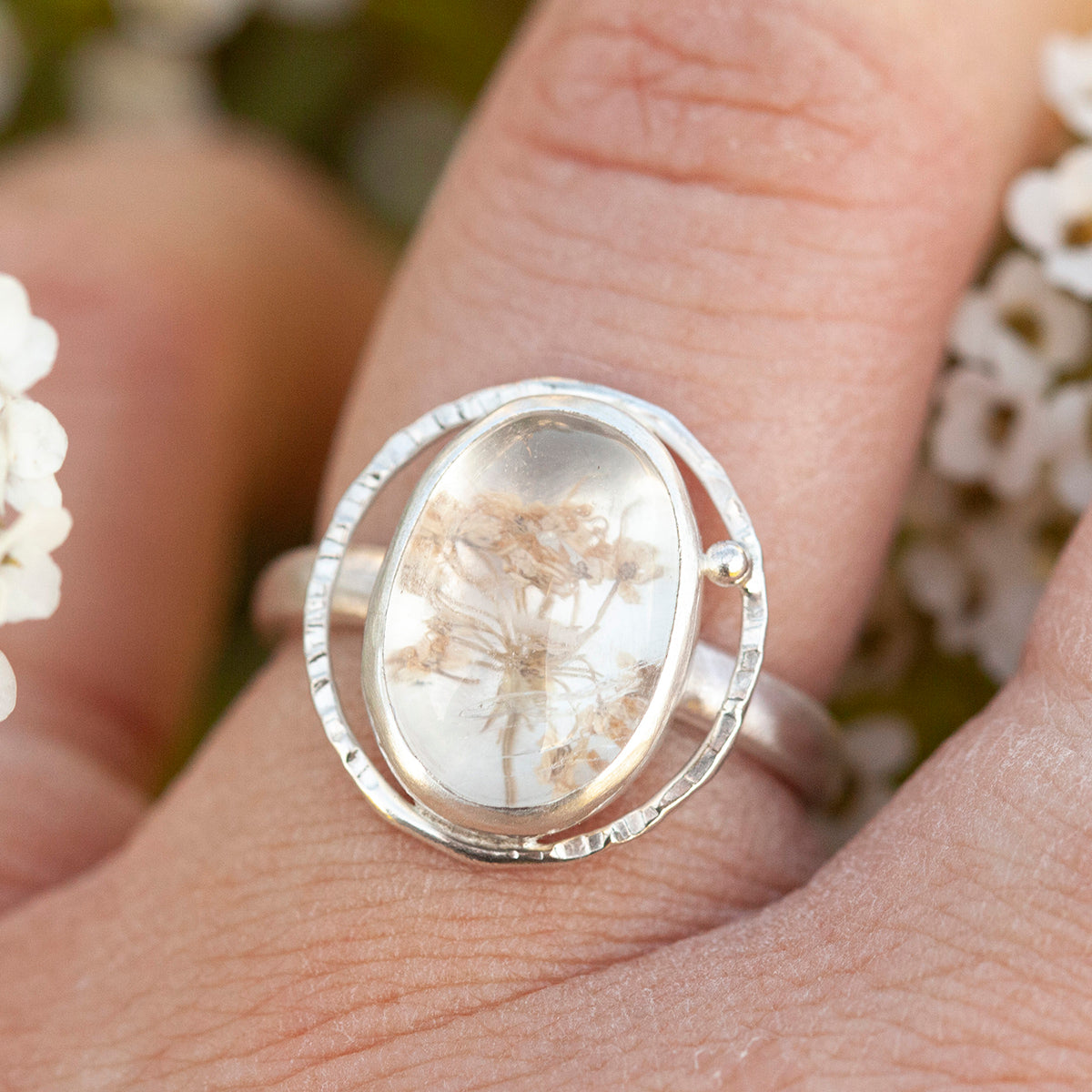 OOAK ring with captured plant #8 • rose quartz • size 54 (ready to ship)