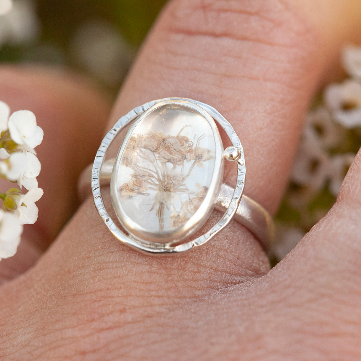 OOAK ring with captured plant #8 • rose quartz • size 54 (ready to ship)