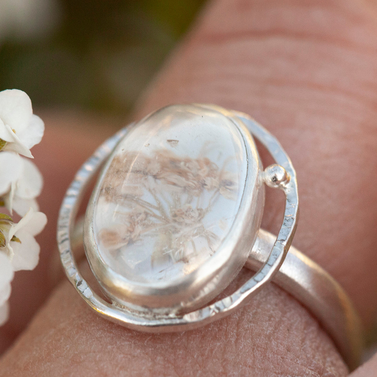 OOAK ring with captured plant #8 • rose quartz • size 54 (ready to ship)