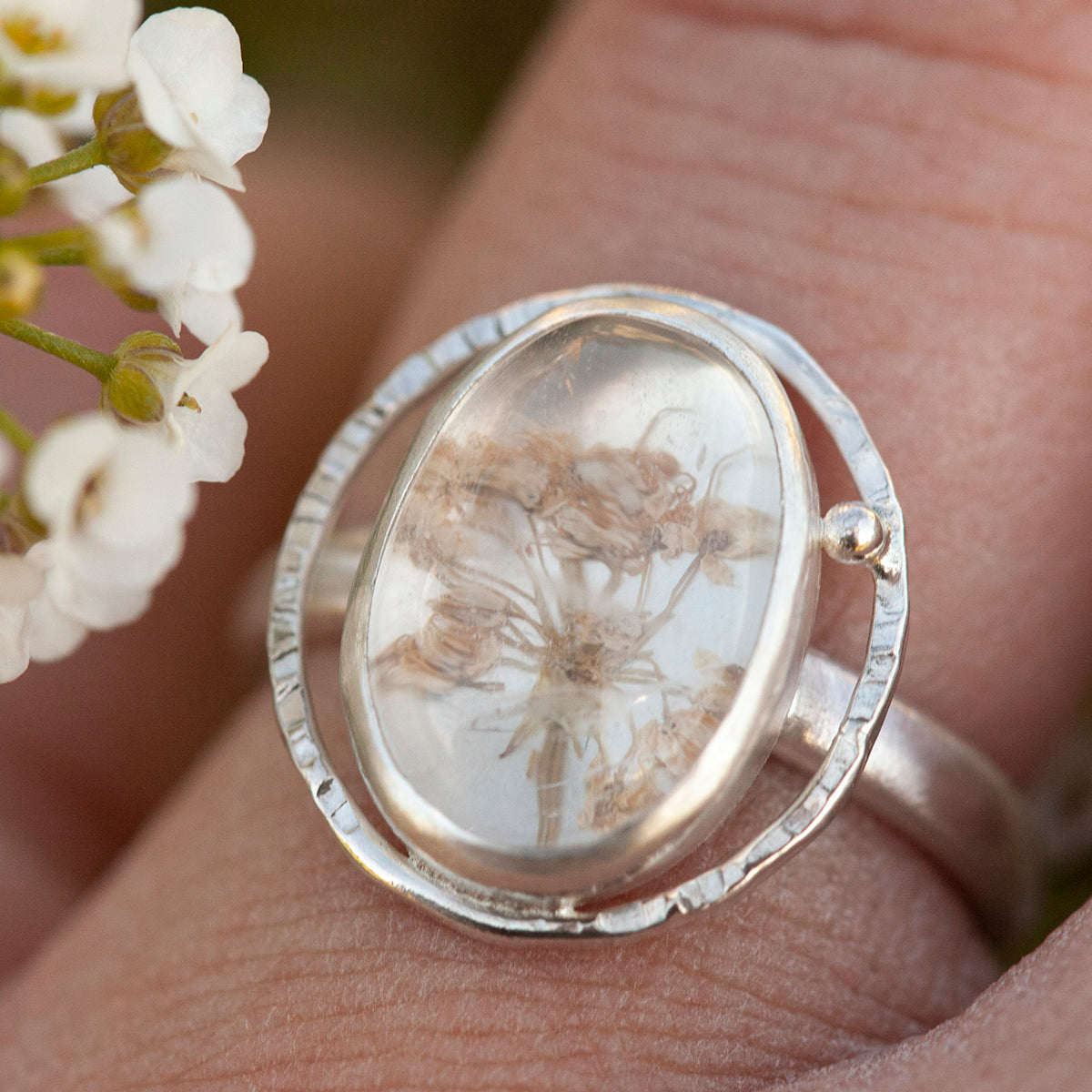OOAK ring with captured plant #8 • rose quartz • size 54 (ready to ship)
