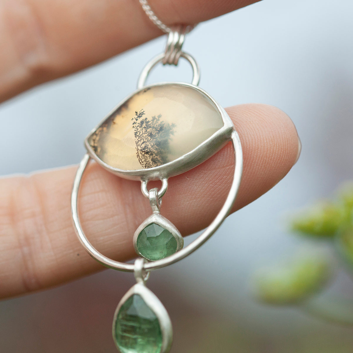 OOAK Healing Tears silver pendant #2 • Dendritic Opal & Kyanite (ready to ship)