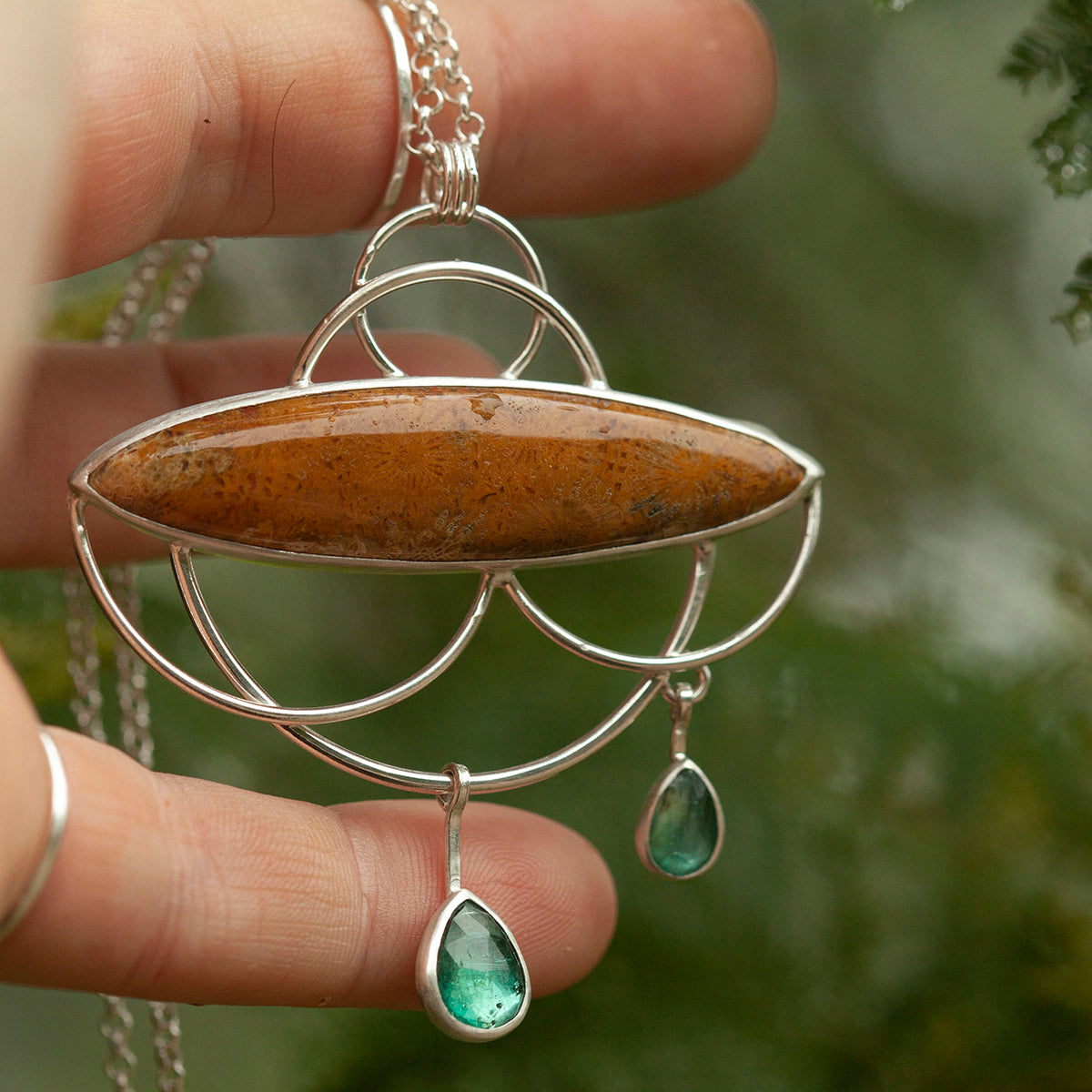 OOAK Healing Tears silver pendant #3 • Fossil coral & Kyanite (ready to ship)