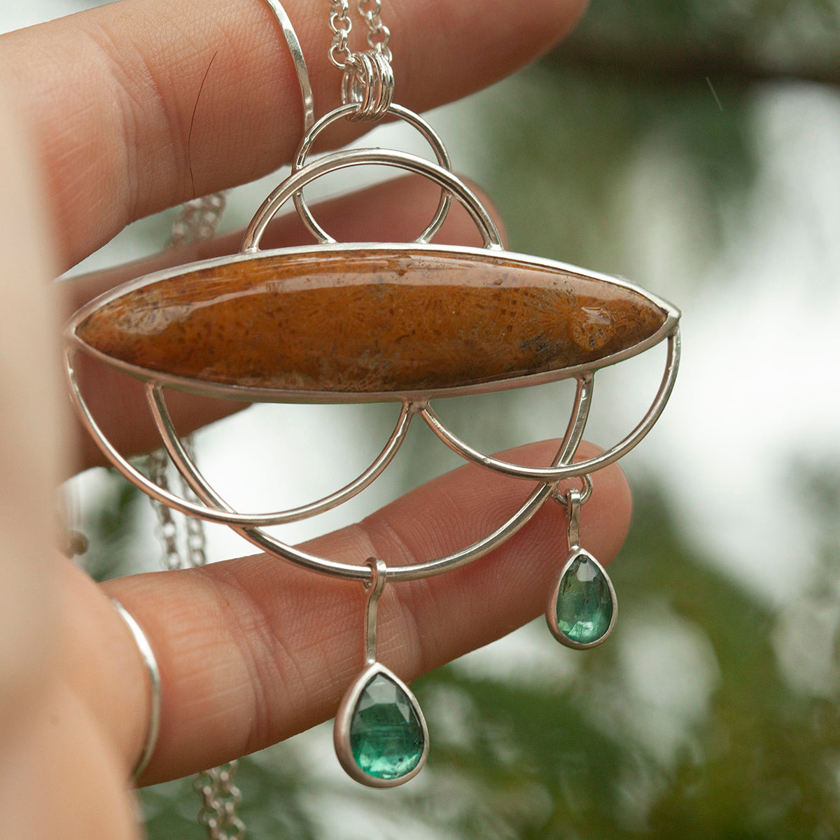 OOAK Healing Tears silver pendant #3 • Fossil coral & Kyanite (ready to ship)