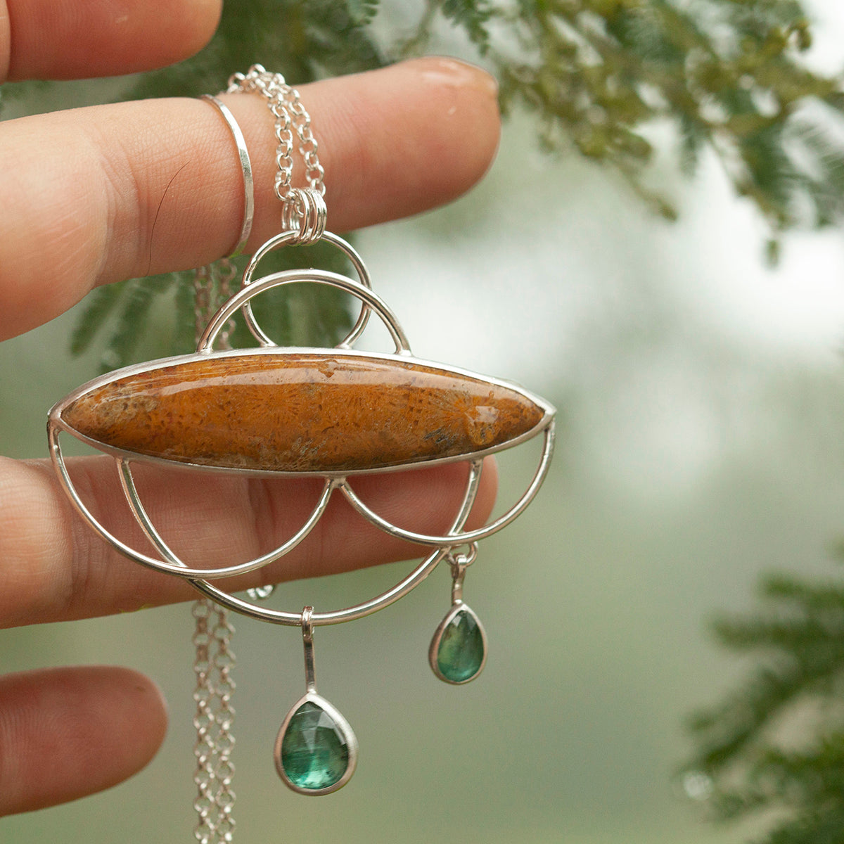 OOAK Healing Tears silver pendant #3 • Fossil coral & Kyanite (ready to ship)