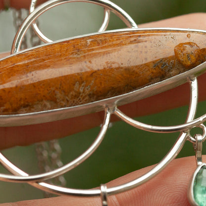 Uniek exemplaar Healing Tears zilveren hanger #3 • Fossiel koraal & Kyaniet (klaar voor verzending)