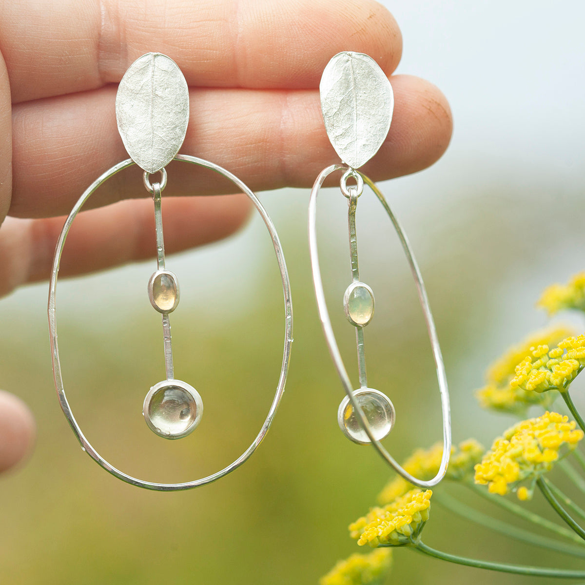 OOAK Selaya silver earrings #3 • leaf, Lemon quartz & Opal  (ready to ship)