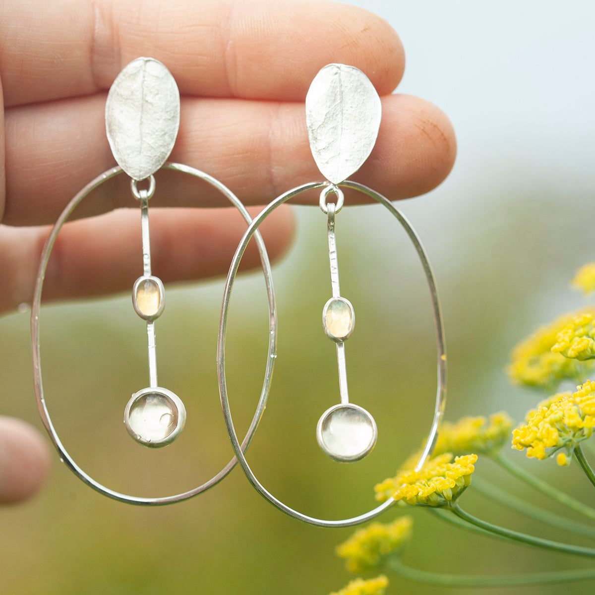 OOAK Selaya silver earrings #3 • leaf, Lemon quartz & Opal  (ready to ship)