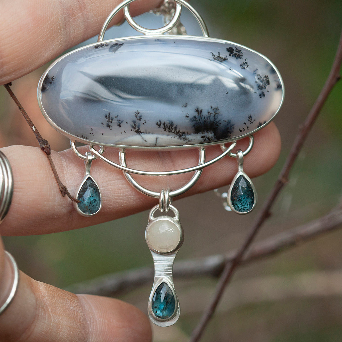 OOAK Aurae pendant #13 • Dendritic Opal, Kyanite & moonstone (ready to ship)