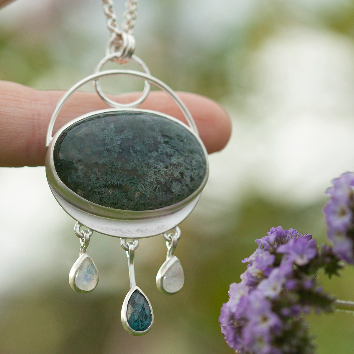 OOAK Aurae pendant #10 • Moss agate, Kyanite & White Labradorite (ready to ship)