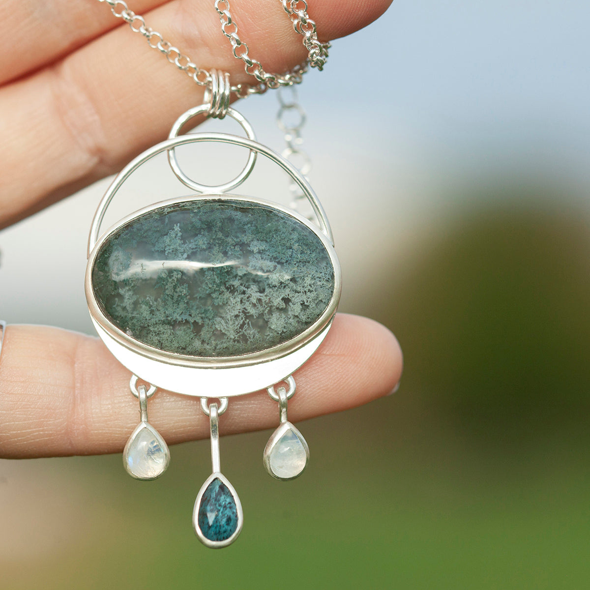 OOAK Aurae pendant #10 • Moss agate, Kyanite & White Labradorite (ready to ship)