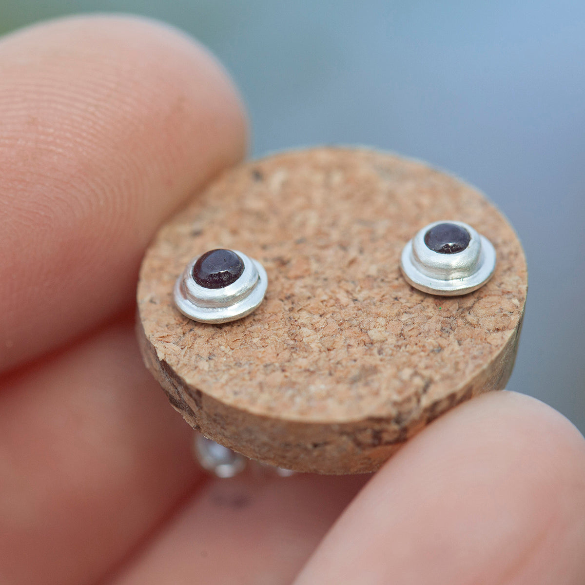 Stone stud earrings in silver #6 • Garnet (ready to ship)