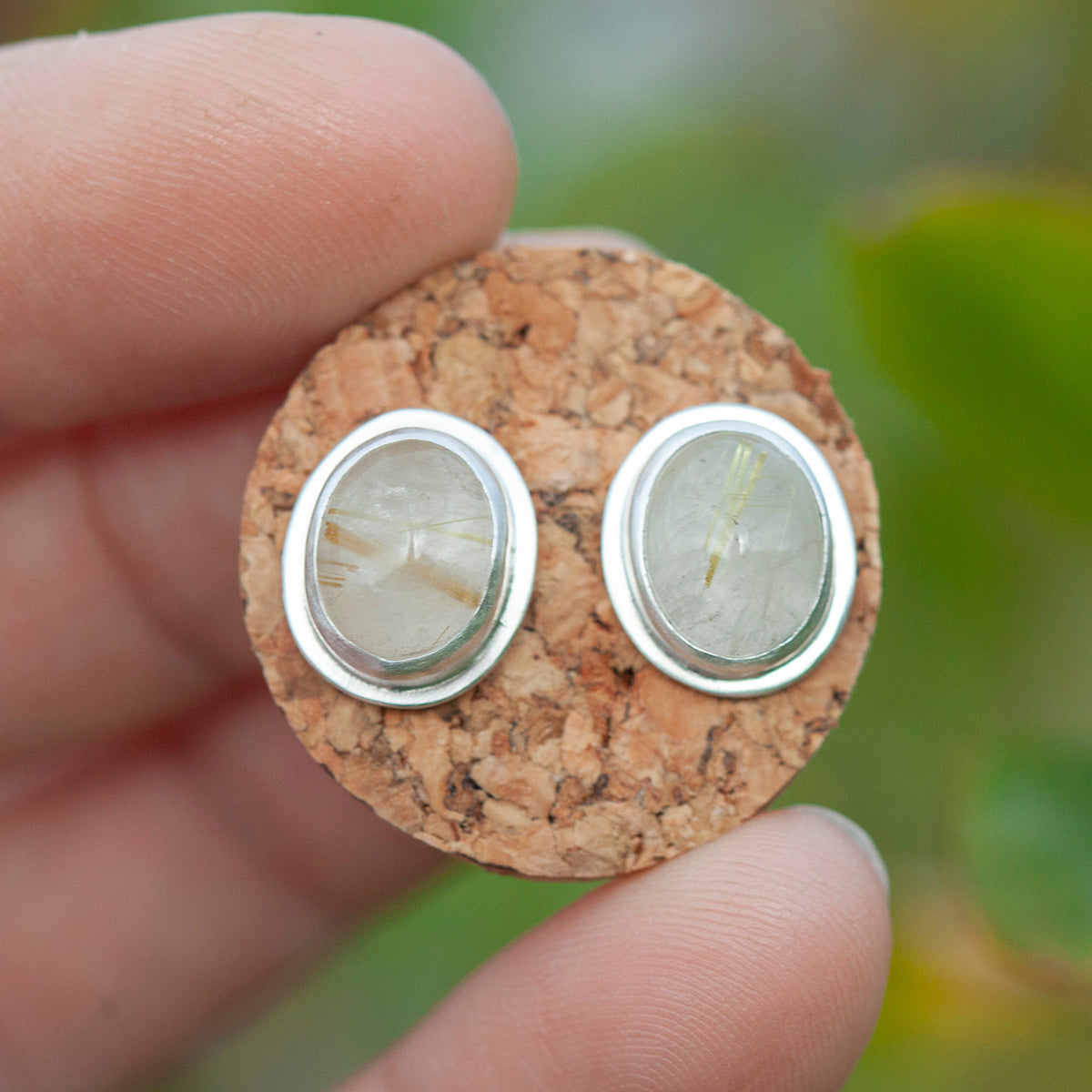 Stone stud earrings in silver #12 • Rutilated quartz (ready to ship)