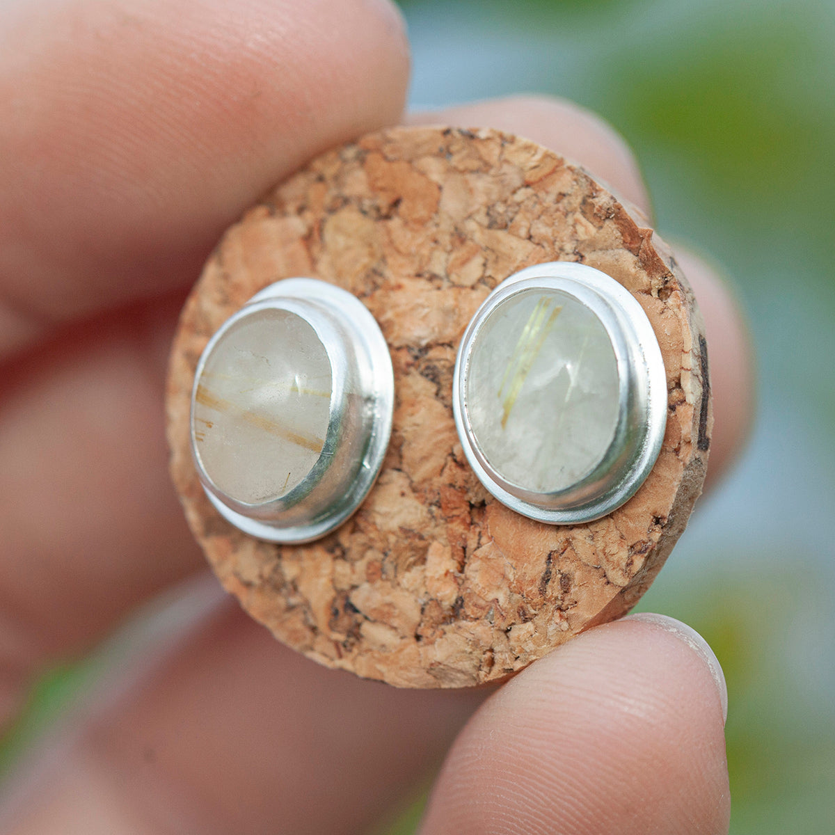 Stone stud earrings in silver #12 • Rutilated quartz (ready to ship)