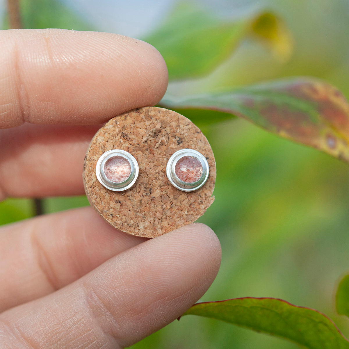 Stone stud earrings in silver #5 • Strawberry Quartz (ready to ship)