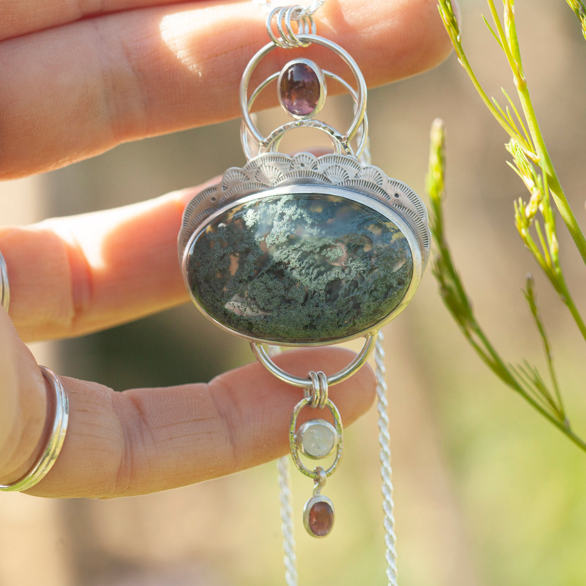 OOAK Aurae pendant #15 • Moss agate, Tourmaline & White Labradorite (ready to ship)