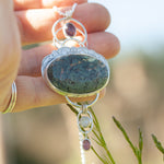 Cargar imagen en el visor de la galería, OOAK Aurae pendant #15 • Moss agate, Tourmaline &amp; White Labradorite (ready to ship)
