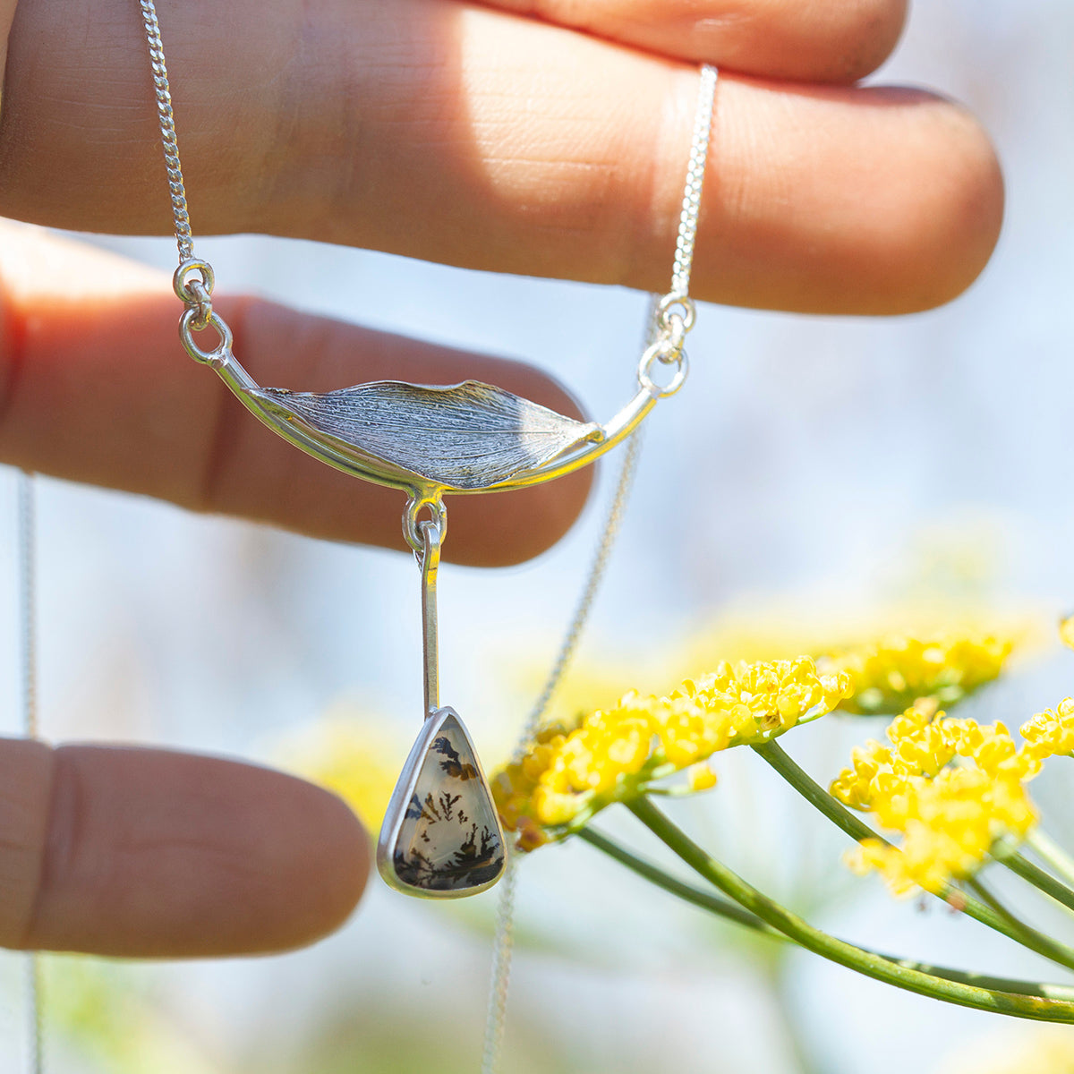 OOAK Oona silver necklace #4 • Dendritic agate & casted leaf (ready to ship)