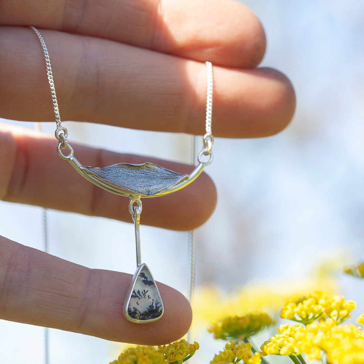 OOAK Oona silver necklace #4 • Dendritic agate & casted leaf (ready to ship)