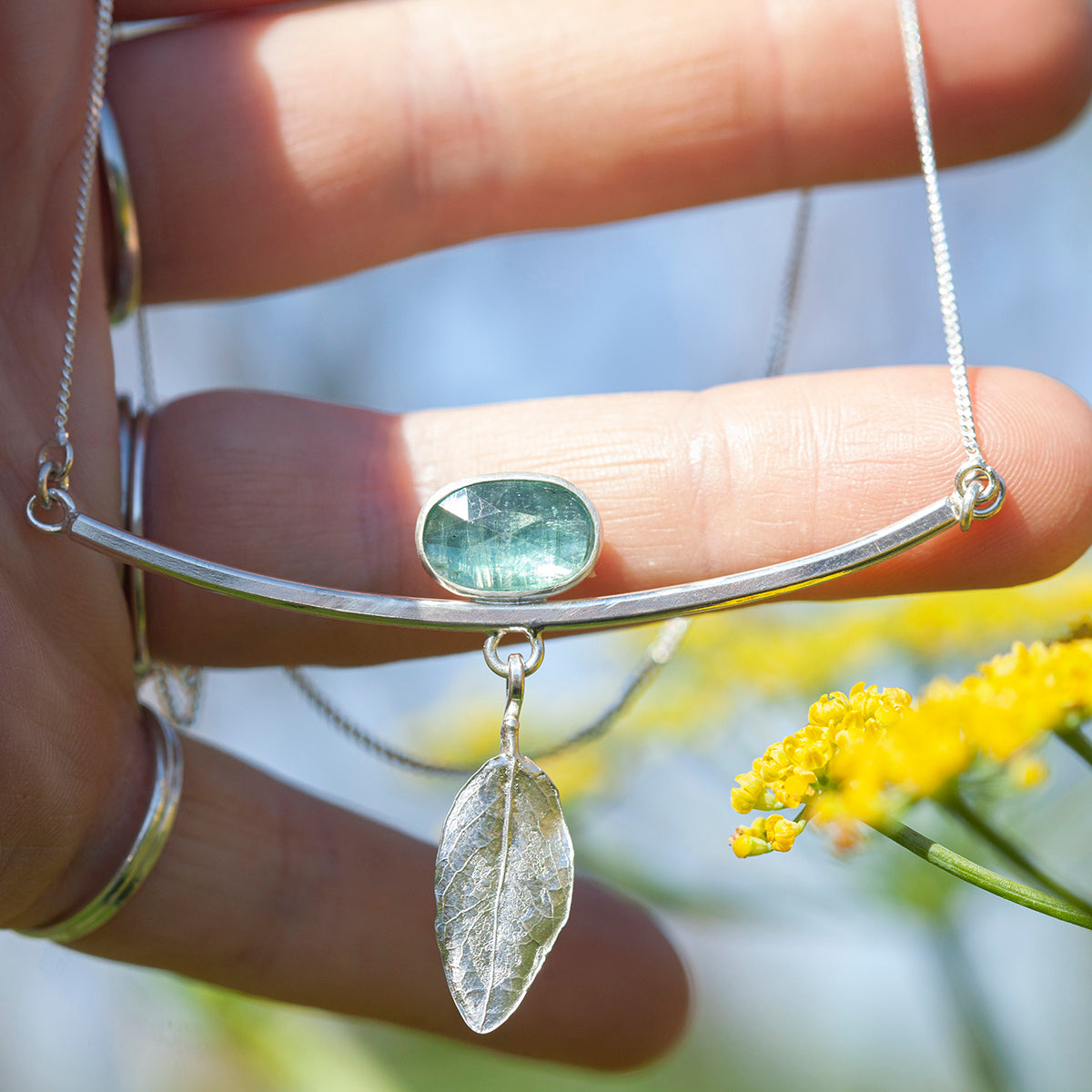 OOAK Oona silver necklace #2 • Kyanite & casted leaf (ready to ship)